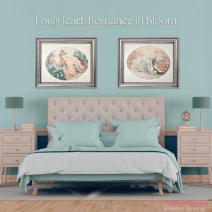May include: A bedroom scene with a tufted headboard, mint green pillows, and a white comforter. Two framed artworks hang above the bed, and matching nightstands with lamps flank the bed. The wall is painted a light blue color. The text "Louis Icart: Romance in Bloom" is at the top.