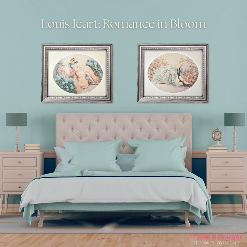 May include: A bedroom scene with a tufted headboard, mint green pillows, and a white comforter. Two framed artworks hang above the bed, and matching nightstands with lamps flank the bed. The wall is painted a light blue color. The text "Louis Icart: Romance in Bloom" is at the top.