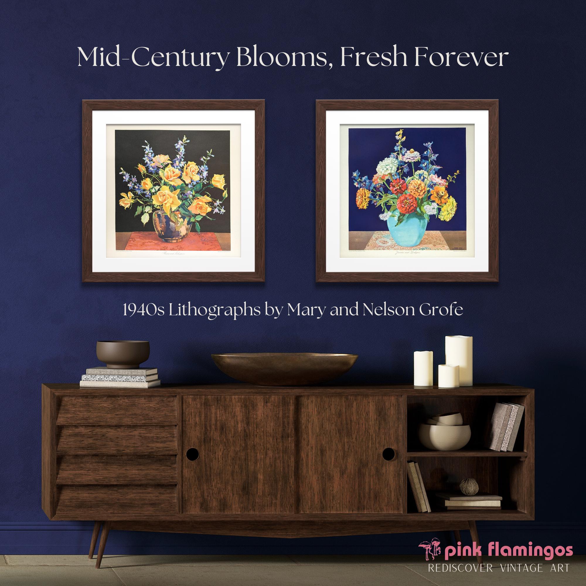 Vintage Floral Wall Art | Zinnias and Larkspur by Mary & Nelson