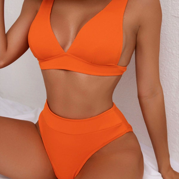 S- XL Gerippte Hohe Taille Bikini Weibliche Badeanzug Frauen Bademode Zweiteilige Bikini Set Feste Badende Badeanzug Schwimmen