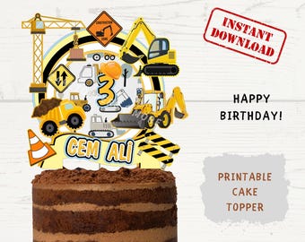 Construction Cake Topper: Building Theme, Personalized Birthday (Digital File, PNG/PDF)