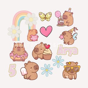Puede incluir: Conjunto de ilustraciones de capibaras de estilo caricatura con temática de cumpleaños. Incluye un arcoíris, flores, un corazón, una mariposa y el nombre "Arya". La paleta de colores es suave, con rosas, amarillos y azules.