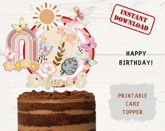 BOHEMIAN, FAIRY Cake Topper - Bohemian, Retro, Fairy Themed Digital Printable Png File - Print and Cut Custom Birthday Digital Cake Topper