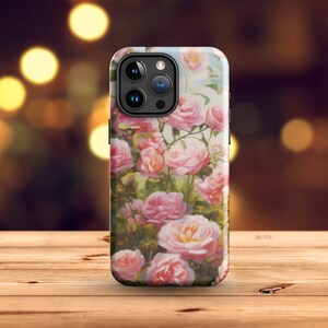 Fresh Pink Roses Tough Case for iPhone® 15 Pro Max Plus, Cute Floral Cell Case, Aesthetic Flowers, Dual Layer, Induction Charger Compatible