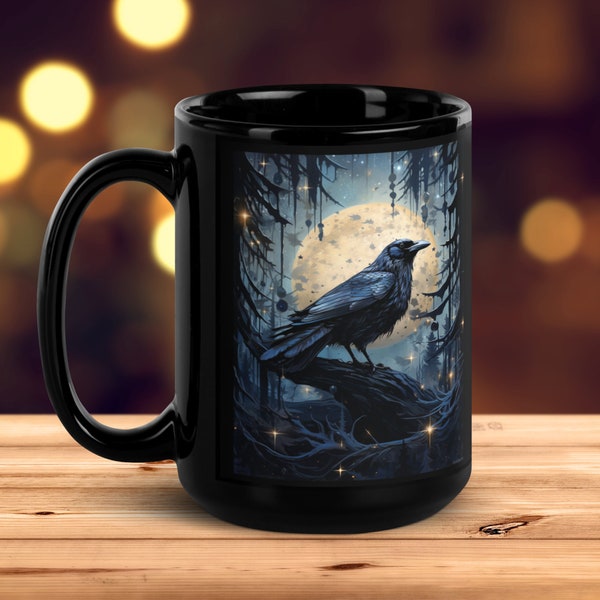 Raven Moonlight Pine Forest 15oz Black Glossy Mug, Crow Art, Witchy Mug, Woodland Cup, Great Gift for Him, Bookish, Coworker Leaving