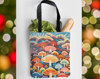 70s Retro Mushroom Tote, 15x15 Roomy Poly Tote, Cotton Straps, Groovy Shopping, Mellow Cute Colors, Reusable Gift Bag, Eco Friendly Vibes