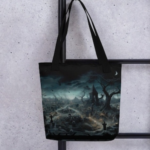 Haunted Graveyard Tote Bag, 15x15 Roomy Poly Bag Cotton Straps Spooky Gift Horror Reader