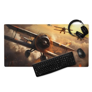 World War I Biplane Raid Gaming Mouse Pad, XL Desk Mat, Extended Deskpad, Detailed Boss Mousepad, Intricate Mousemat, Manager Gift