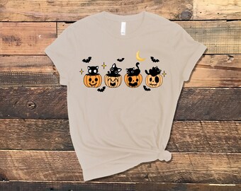 Camiseta Jack-O-Lanterns de gatos pretos, abóbora de gato preto, gato preto de Halloween, gatos fofos assustadores, presente de outono de feriado, camiseta de outono