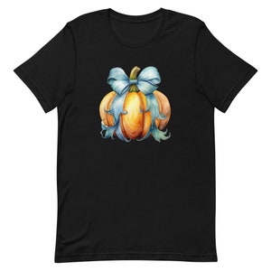 Orange Pumpkin Blue Ribbon Bow Unisex T-Shirt, S-3XL, Short Sleeve, 100% Cotton, Super Soft, Comfy Shirt, Great Gift Idea, Autumn