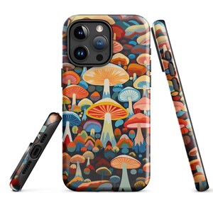 Retro Mushroom Tough Case for iPhone® 15 Pro Max Plus, Vintage 70s Design, Cute, Colorful, Psychedelic, Groovy Gift