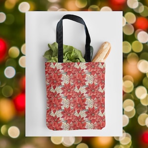 Holiday Poinsettia Print Tote, Generous 15x15, Vivid Watercolor Bag, Pretty Christmas Gift Bag, Artsy Floral Shopping Satchel, Luxury Print