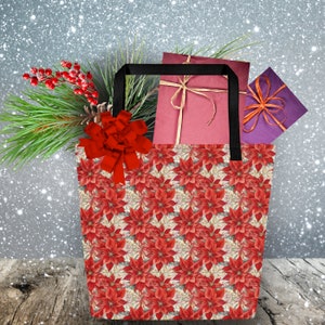 Holiday Poinsettia Print Tote, Generous 16x20, Vivid Watercolor Bag, Pretty Christmas Gift Bag, Artsy Floral Shopping Satchel, Luxury Print
