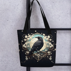 Raven Moon Blossoms Tote Bag, 15x15 Poly Tote, Gift Under 30, Student, Seasonal Book Lover, Reusable Grocery, Witchy, Eco Friendly