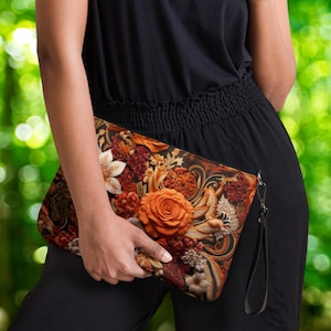 Sac à main crossbody imprimé broderie florale d’automne Sangles amovibles et réglables, pochette, facilité en faux cuir, Cottagecore