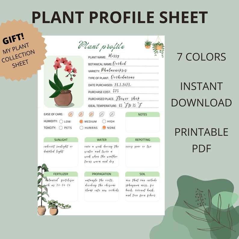 May include: Printable plant profile sheet with a green background and a pink orchid in a brown pot. The sheet includes sections for plant name, botanical name, variety, type of plant, date purchased, purchase cost, purchased place, ideal temperature, ease of care, humidity, toxicity, sunlight, water, repotting, fertiliser, propagation, and soil. The sheet also includes a notes section.