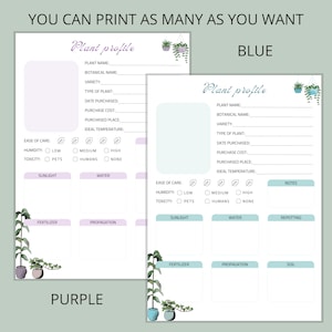 May include: Printable plant profile pages with sections for plant name, botanical name, variety, type of plant, date purchased, purchase cost, purchased place, ideal temperature, ease of care, humidity, toxicity, sunlight, water, fertiliser, propagation, and notes. The pages are designed for blue and purple plants and feature illustrations of plants.