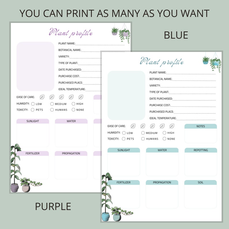 May include: Printable plant profile pages with sections for plant name, botanical name, variety, type of plant, date purchased, purchase cost, purchased place, ideal temperature, ease of care, humidity, toxicity, sunlight, water, fertiliser, propagation, and notes. The pages are designed for blue and purple plants and feature illustrations of plants.