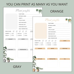 May include: Printable plant profile pages in grey and orange with illustrations of potted plants. The pages include sections for plant name, botanical name, variety, type of plant, date purchased, purchase cost, purchased place, ideal temperature, ease of care, humidity, toxicity, sunlight, water, fertiliser, propagation, and notes.