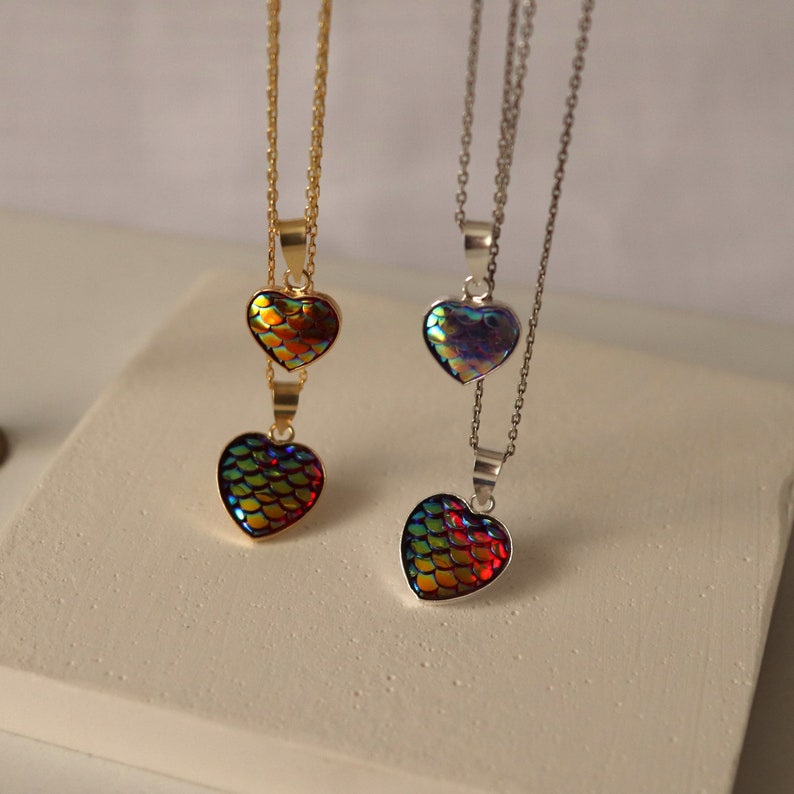 Unique Holographic Fish Scale Heart Necklace Fish Lover Necklace