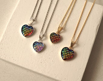 Unique Holographic Fish Scale Heart Necklace | Fish Lover Necklace | Colorful Fish Scale Pendant