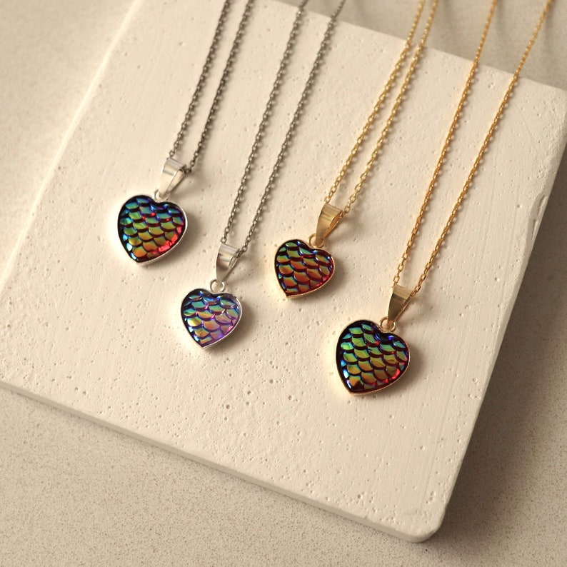 Unique Holographic Fish Scale Heart Necklace Fish Lover Necklace