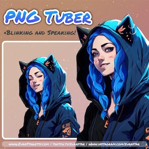 PNG Knollentasse 4 | 1 Ausdruck | Gebrauchsfertig | Twitch Streamer Veadotube PNGTuber | Blauer Zopf schwarze Katzenohren Vtuber Punk Anime Girl Hoodie
