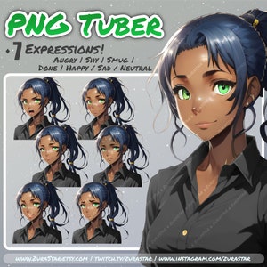 PNG Tuber 2 | 7 Expressions | Ready to Use | Twitch Streamer Veadotube PNGTuber | Dark Blue Ponytail Updo Green Eye Classy Anime Girl Vtuber