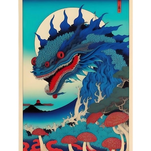 Japanese Monster Poster, Blue Dragon Kaiju Print, Vintage Fantasy Art, Godzilla-Inspired Wall Decor, Museum-Grade Giclée Print