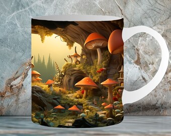 Mushroom Whimsical Mug Seamless 3D Wrap File 11oz 15oz Mugs Enchanted Forest, Fays Habitat, Fairyland, 2 High Resolution Files, 300 DPI 1