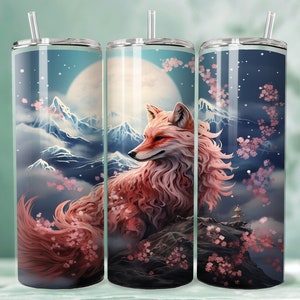 May include: A set of three stainless steel tumblers with a design of a pink fox in a snowy mountain landscape with a full moon and pink cherry blossoms.