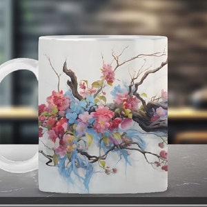 水彩花柄マグカップ 桜 コーヒーカップ 昇華パステル ボタニカル ティーマグ コテージ ギフトラッピングテンプレート フェミニン ネイチャーアート FM3A