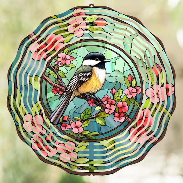 Chickadee Bird Wind Spinner PNG Sublimation Design, Spring Round Hanging Wind Spinner,  Wind Spinner Template PNG, CSS2A