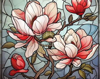 Magnolia Stained Glass Clip Art, High Quality Resolution, 300 DPI, Instant Download Images