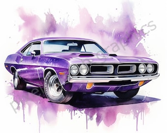Vintage Cars Clip Art Set 3 PNG Sammlung 1969 bis 1970 Dodge Ville GTO Purple Plymouth Barracuda 300 DPI