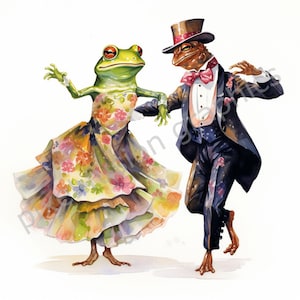 Pareja de ranas bailando, acuarela, clip art, resolución de alta calidad, 300 DPI, descarga instantánea de imágenes