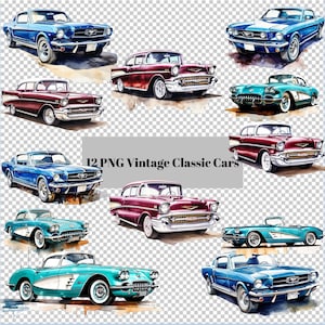 Vintage Classic Cars Clip Art 1957 to 1964 Collection, Chevy Bel-Air Chevy Corvette Ford Mustang 300 DPI, Instant Download Set 2