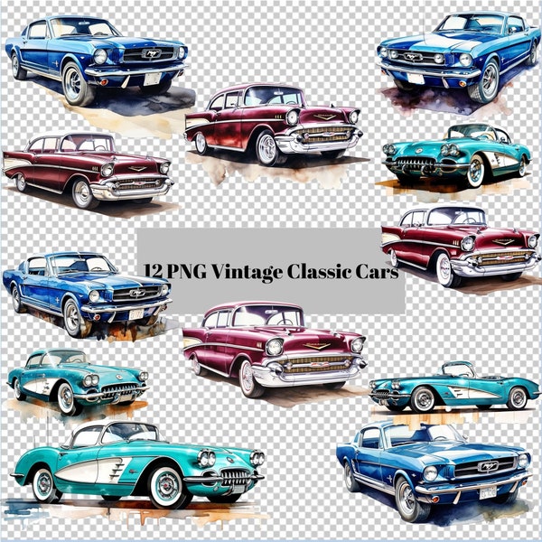 Vintage Classic Cars Clip Art 1957 to 1964 Collection, Chevy Bel-Air Chevy Corvette Ford Mustang 300 DPI, Instant Download Set 2