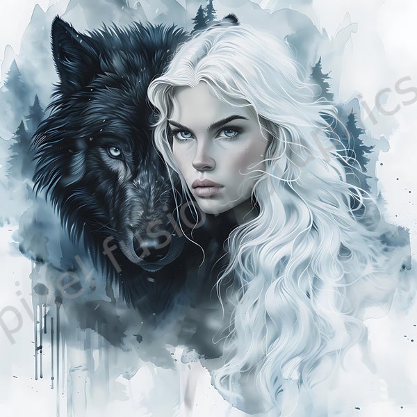 Black Wolf Clipart, Viking Maiden Clipart High Resolution, Instant Download , Poster Art, Junk Journals, Scrapbooking , Phone Cases