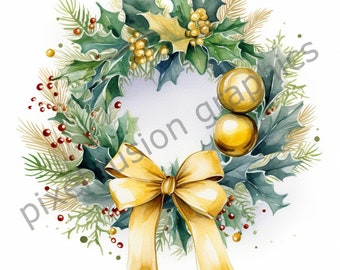 Watercolor Holiday Wreath Variety Clipart, Golden, Floral, Christmas, Instant Download, Winter Holly Berries, Bows, Bubbles