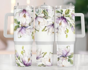 Magnolias 40oz Tumbler Wrap White N Lilac Magnolias Floral Sublimation Design PNG Waterslide download Blue Red Green Flowers, F5MA