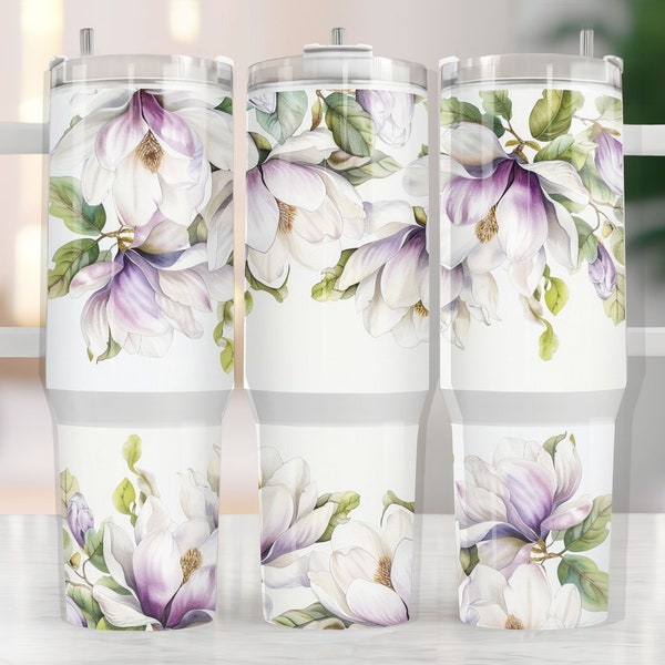 Floral 40oz Tumbler White N Lilac Magnolias Sublimation Design Digital Flowers PNG Wrap Waterslide download Blue Red Green Flowers, F5MA