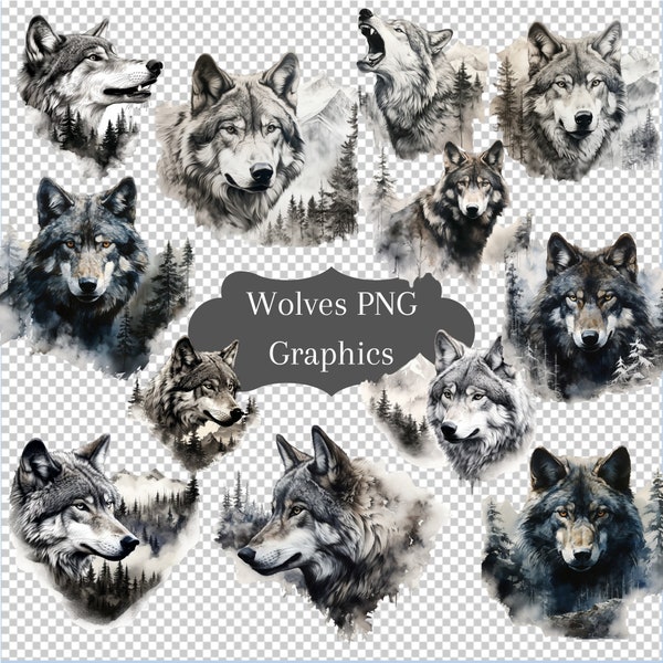 Wolf Clip Art Watercolor Gray Wolf PNG Gray Wolf Clipart Paper Crafts High Resolution Junk Journal Scrapbooking Phone Cases