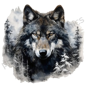 Wolf Clip Art Watercolor Gray Wolf PNG Gray Wolf Clipart Paper Crafts High Resolution Junk Journal Scrapbooking Phone Cases