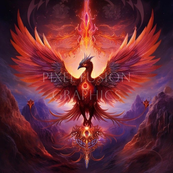 Imágenes prediseñadas de fénix, imágenes prediseñadas de fantasía, ave de fuego mítica, descarga digital, diseños de sublimación, diario creativo, manualidades en papel, tarjetas coleccionables de juegos