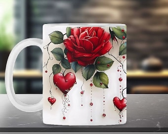 Red Roses and Hearts Mug Wrap Sublimation Png 11oz and 15oz Mug Templates, RR1A