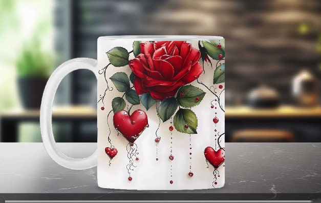 Rote Rosen und Herzen Becher wickeln Sublimation Muttertag Becher wickeln Png 11 Unze N 15 Unze Becher Vorlage RR1A