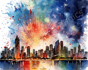 New Year 2024 Worldwide Celebration Watercolor Clip Art, 17 JPG Files, NYC, London, Paris, Rio de Janeiro, High Quality Resolution, 300 DPI