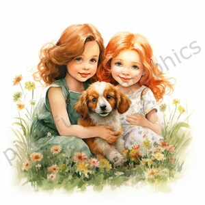 Niedliche kleine Schwestern, kleine Freunde Aquarell Clip Art, 12 JPG hohe Auflösung, 300 DPI weiße Hintergrund-Bilder, Puppen Clipart, Kinder spielen