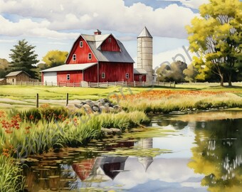 Red Barn Watercolor Scenery Clip Art Set, High Quality Resolution, 300 DPI, Instant Download
